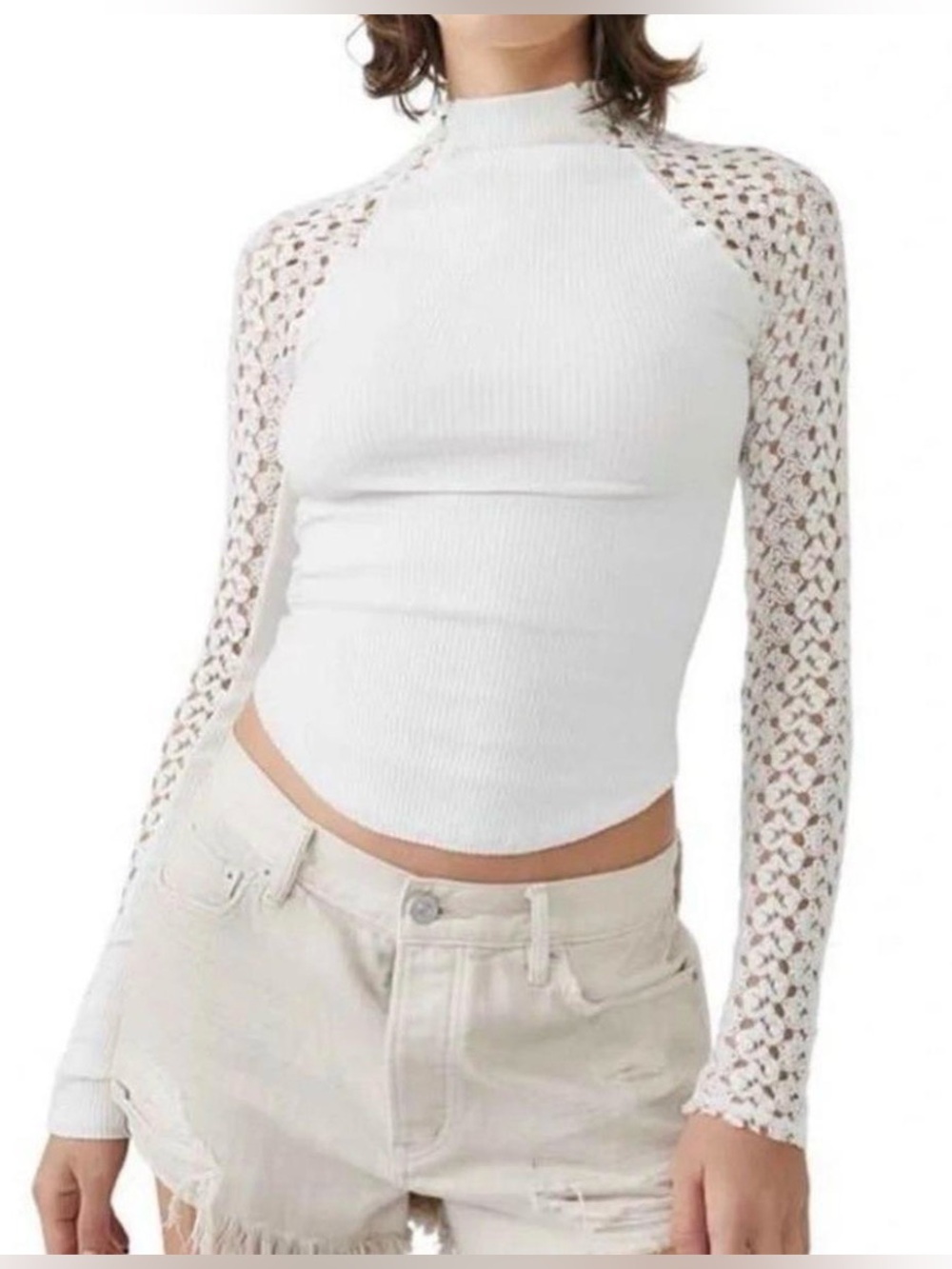 Free People Clemente Mixed Media White Mock Neck Crochet Lace Sleeves top